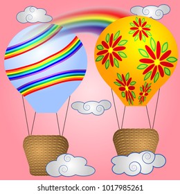 Two Bright, cartoon, large volumetric balloons with a basket in the sky amidst white clouds and a rainbow. Flying, happiness, freedom