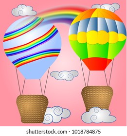 Two Bright, cartoon, large volumetric balloons with a basket in the sky amidst white clouds and a rainbow. Flying, happiness, freedom