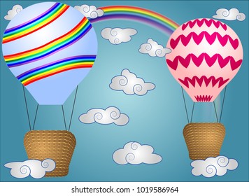 Two Bright, cartoon, large volumetric balloons with a basket in the sky amidst white clouds and a rainbow. Flying, happiness, freedom