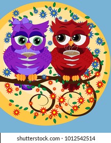 Two bright, cartoon, lovely, colorful owl-girls drink coffee on a flowering branch of a tree. Morning, breakfast