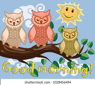 Two bright, cartoon, lovely, colorful owl-girls drink coffee on a flowering branch of a tree. Morning, breakfast
