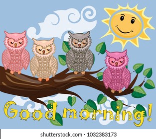 Two bright, cartoon, lovely, colorful owl-girls drink coffee on a flowering branch of a tree. Morning, breakfast