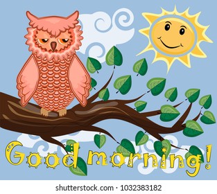 Two bright, cartoon, lovely, colorful owl-girls drink coffee on a flowering branch of a tree. Morning, breakfast