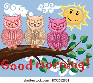 Two bright, cartoon, lovely, colorful owl-girls drink coffee on a flowering branch of a tree. Morning, breakfast