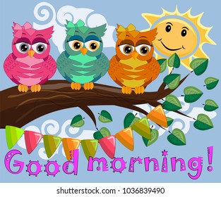 Two bright, cartoon, lovely, colorful owl-girls drink coffee on a flowering branch of a tree. Morning, breakfast