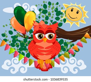 Two bright, cartoon, lovely, colorful owl-girls drink coffee on a flowering branch of a tree. Morning, breakfast