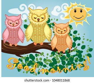 Two bright, cartoon, lovely, colorful owls on a flowering branch of a tree. Morning