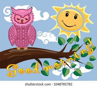 Two bright, cartoon, lovely, colorful owl-girls drink coffee on a flowering branch of a tree. Morning, breakfast