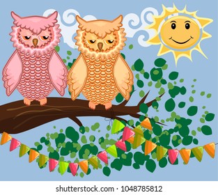 Two bright, cartoon, lovely, colorful owl-girls drink coffee on a flowering branch of a tree. Morning, breakfast