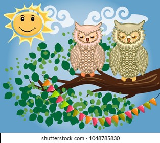 Two bright, cartoon, lovely, colorful owl-girls drink coffee on a flowering branch of a tree. Morning, breakfast