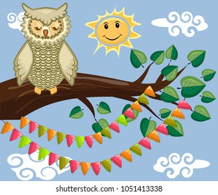 Two bright, cartoon, lovely, colorful owl-girls drink coffee on a flowering branch of a tree. Morning, breakfast