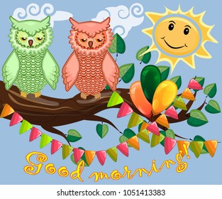 Two bright, cartoon, lovely, colorful owl-girls drink coffee on a flowering branch of a tree. Morning, breakfast