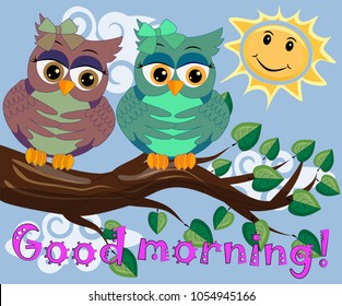 Two bright, cartoon, lovely, colorful owl-girls drink coffee on a flowering branch of a tree. Morning, breakfast
