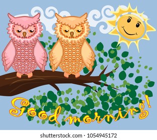 Two bright, cartoon, lovely, colorful owl-girls drink coffee on a flowering branch of a tree. Morning, breakfast
