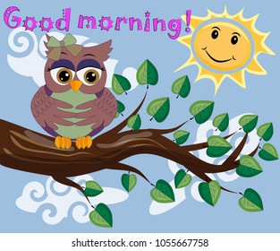 Two bright, cartoon, lovely, colorful owl-girls drink coffee on a flowering branch of a tree. Morning, breakfast