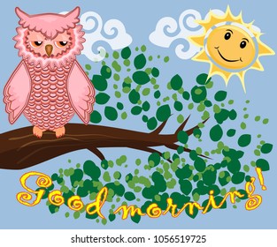 Two bright, cartoon, lovely, colorful owl-girls drink coffee on a flowering branch of a tree. Morning, breakfast