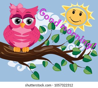 Two bright, cartoon, lovely, colorful owl-girls drink coffee on a flowering branch of a tree. Morning, breakfast