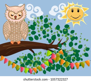 Two bright, cartoon, lovely, colorful owl-girls drink coffee on a flowering branch of a tree. Morning, breakfast