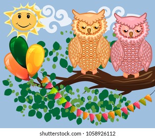 Two bright, cartoon, lovely, colorful owl-girls drink coffee on a flowering branch of a tree. Morning, breakfast