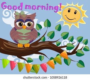 Two bright, cartoon, lovely, colorful owl-girls drink coffee on a flowering branch of a tree. Morning, breakfast