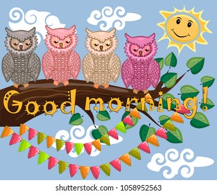 Two bright, cartoon, lovely, colorful owl-girls drink coffee on a flowering branch of a tree. Morning, breakfast