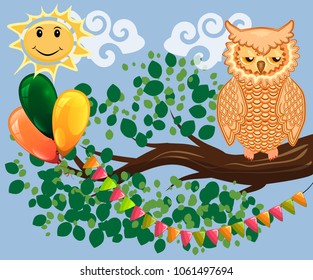 Two bright, cartoon, lovely, colorful owl-girls drink coffee on a flowering branch of a tree. Morning, breakfast