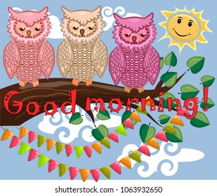 Two bright, cartoon, lovely, colorful owl-girls drink coffee on a flowering branch of a tree. Morning, breakfast