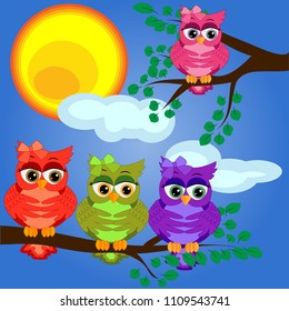 Two bright, cartoon, lovely, colorful owl-girls drink coffee on a flowering branch of a tree. Morning, breakfast