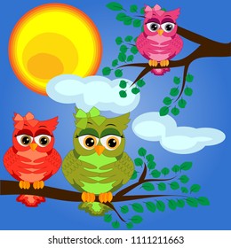 Two bright, cartoon, lovely, colorful owl-girls drink coffee on a flowering branch of a tree. Morning, breakfast