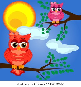 Two bright, cartoon, lovely, colorful owl-girls on a flowering branch of a tree. Morning, breakfast