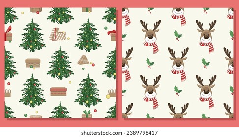 Two bright Christmas patterns with moose Christmas tree and gifts in cartoon style.Vector