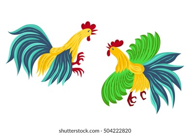 Two bright cock fighting. Year red rooster on the Chinese calendar. Chinese New Year 2017 design.