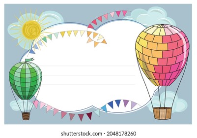 Two bright colored balloons soar in the sky. The sun, garlands of flags, clouds.