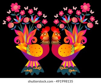 Two bright colorful cockerels - Vases with flowers. Beautiful card with bright birds on black background. Chinese symbol of 2017 - Year of the rooster.