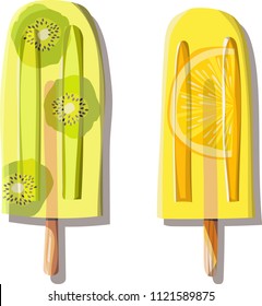 Two bright colorful delicious tasty yummy summer yellow green dessert frozen juice of lemon, watermelon and kiwi vector illustration