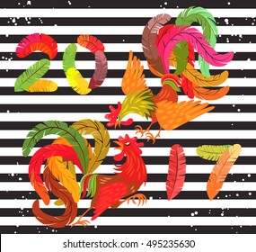 Two bright colorful rooster fighting. Lettering 2017 made of feathers. Drawing Chinese symbol of the New Year. Decorative abstract cocks. Striped background.