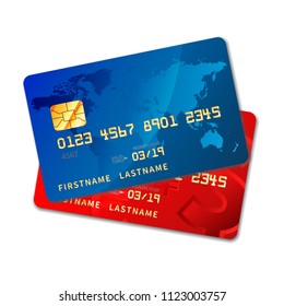 Two bright colourful credit cards with chip isolated on white