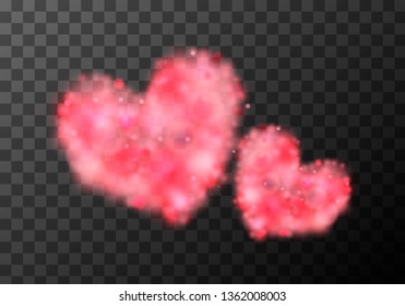 Two bright cute hearts made up from pink and red bokeh lights and magic sparkles on transparent background