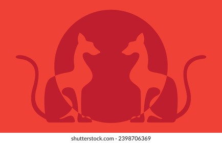 Two bright egyptian cats shape silhouette sitting. Colorful sun background. Vector illustration.