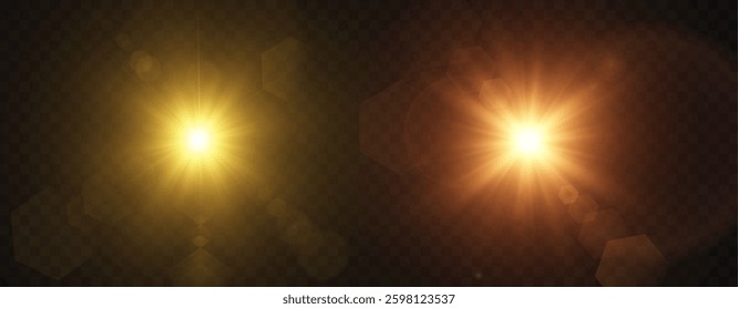 Two bright flashes of light in yellow and orange with highlights on a dark background. Ideal for lighting effects.