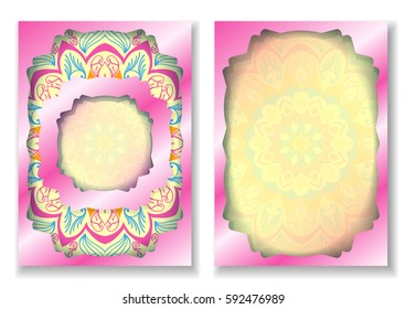 Two bright flyer template with ornament and pink framing. Cards with a mandala. Size A4, A5. Ready to Print.