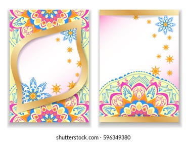 Two bright flyer template with ornament and golden framing. Cards with a mandala. Size A4, A5. Ready to Print.