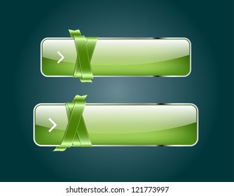 Two bright green glossy vector buttons braided with silky glossy ribbons