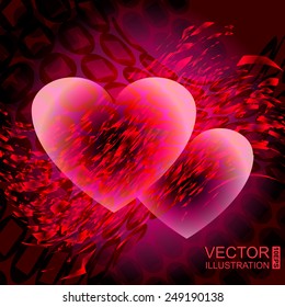 Two bright hearts on a pink background. Vector illustration
