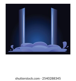 Two bright lights are shining on smoke or clouds forming a stage with a dark background
