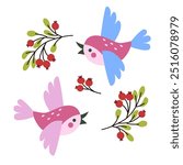 Two bright little birds in flight with open beak flapping wings. Decorative ornament of branches with ripe berries. Vector simple cute children