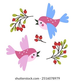 Two bright little birds in flight with open beak flapping wings. Decorative ornament of branches with ripe berries. Vector simple cute children's illustration on white isolated background for design.