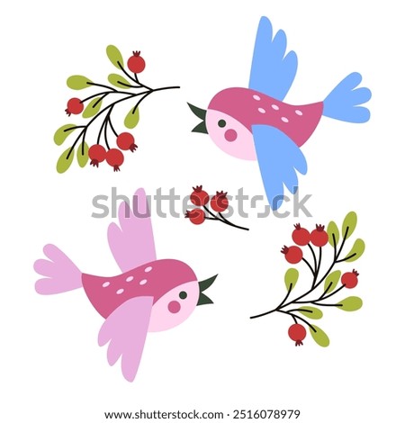 Two bright little birds in flight with open beak flapping wings. Decorative ornament of branches with ripe berries. Vector simple cute children
