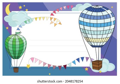 Dos globos multicolores brillantes se elevan en el cielo. Mes, estrellas, guirnaldas de banderas, nubes.