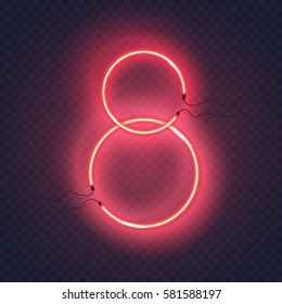 Two bright neon ring lamps sign isolated on transparent background. Vector red shining bulb banner for Eight March International women's day greeting card design